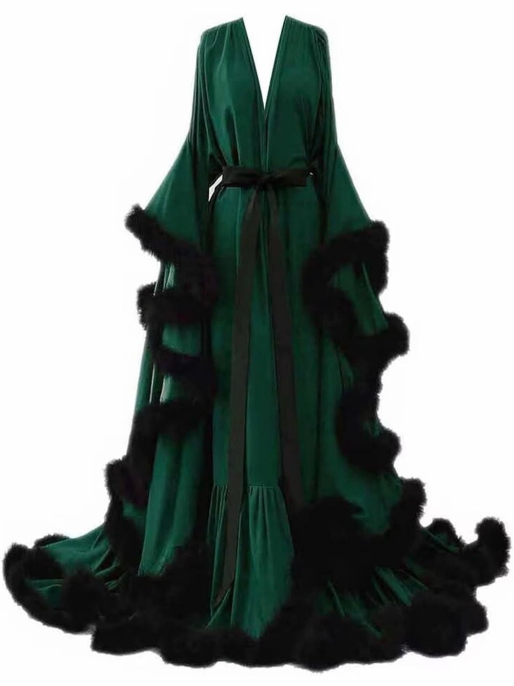 Emerald Green Satin Robe with Black Feather Trim - Lux Lounge